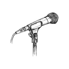A microphone on a stand, outline sketch illustration drawing in engraving style. Hand-drawn vector clipart of a mic, concert, podcast, presentation concept, isolated © Liia Lonn