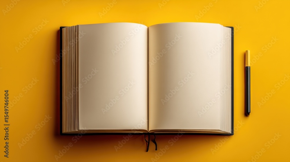 Poster Open blank notebook with pages and pen on vibrant yellow background for writing journaling or note taking in creative workspace