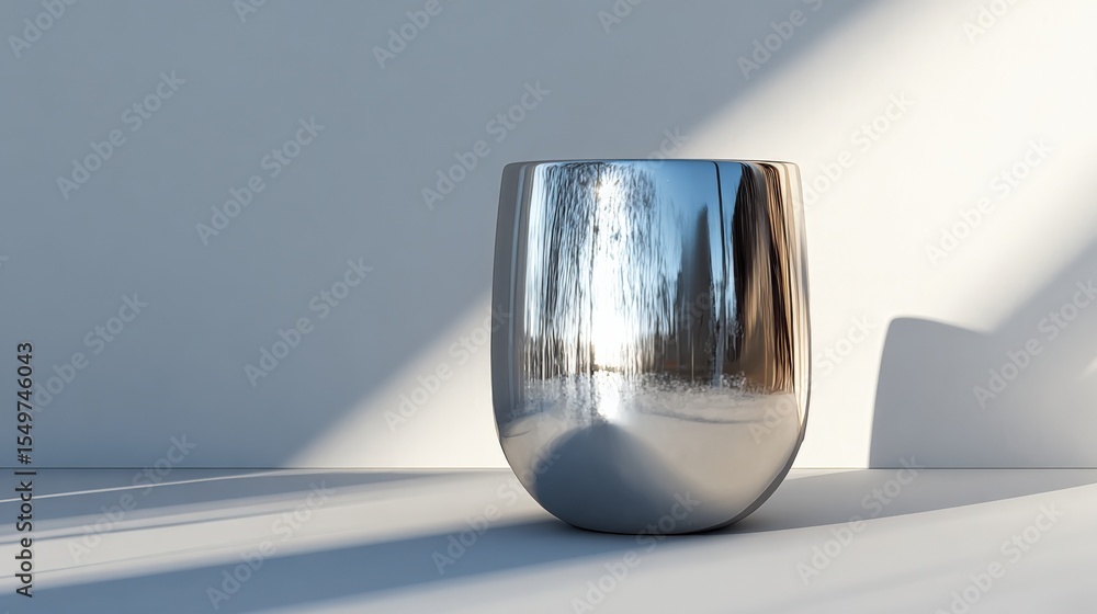 Poster shiny reflective silver metal cup with smooth curved surface placed on white surface with shadows an