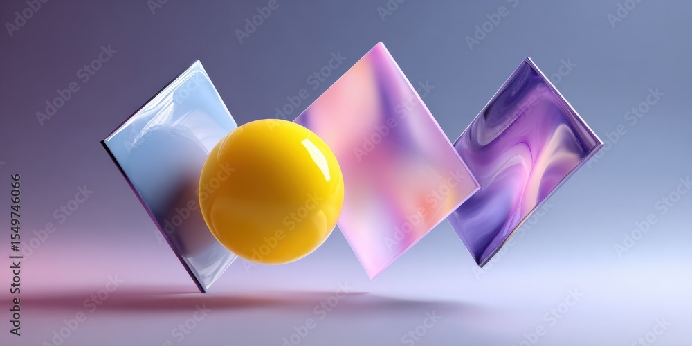 Aufkleber Abstract geometric composition with colorful cubes and yellow sphere floating in a modern minimalistic digital art scene