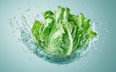 Crisp green lettuce head floating with tiny water splashes on a pastel blue background