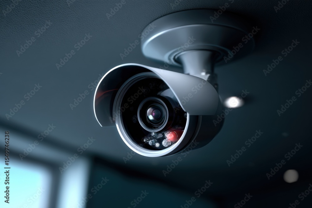 Poster Close-up of a modern security surveillance camera mounted on the ceiling in an indoor environment with a sleek metallic design and high-tech appearance