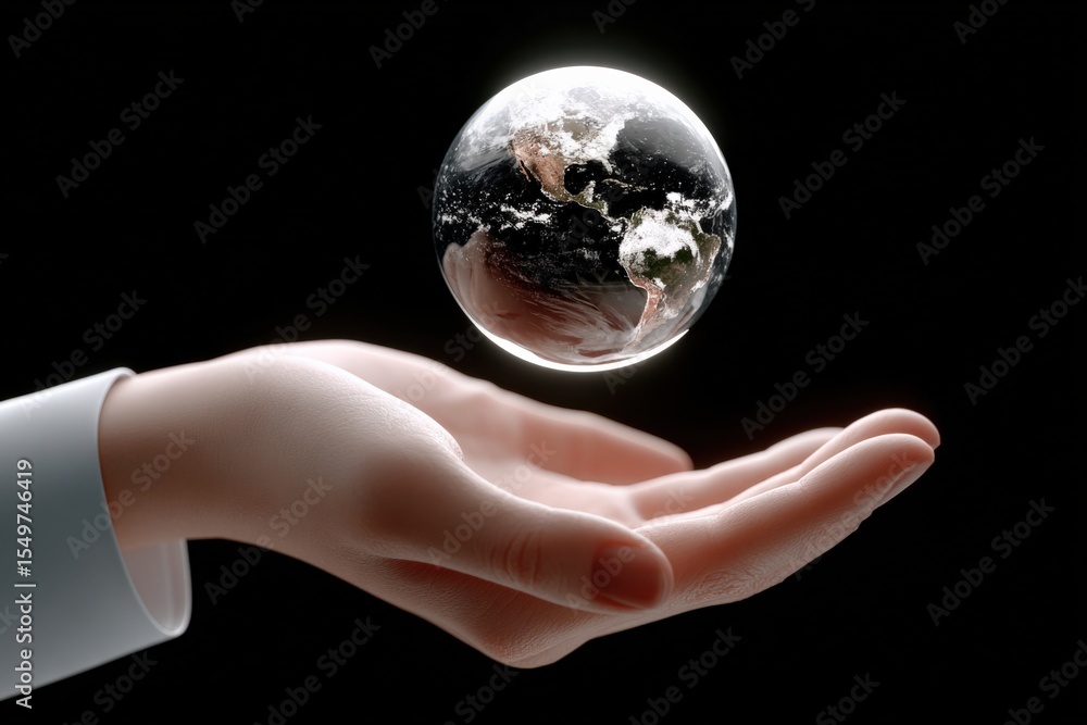 Poster human hand holding small earth globe in black background showing continents and clouds in atmospheri