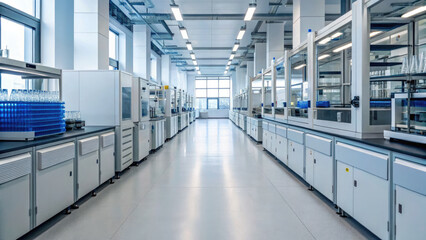 Fototapeta premium Modern, spacious laboratory with advanced equipment, clean surfaces, and bright lighting, designed for scientific research and experiments