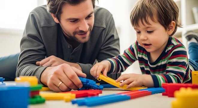 Father and son playing together building blocks family time bonding and early childhood development concept father's day