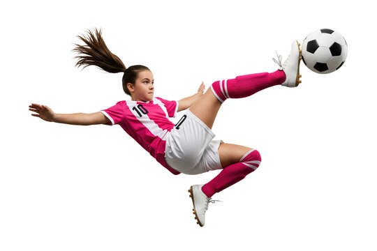 Focused girl soccer player kicking ball in midair wearing pink uniform