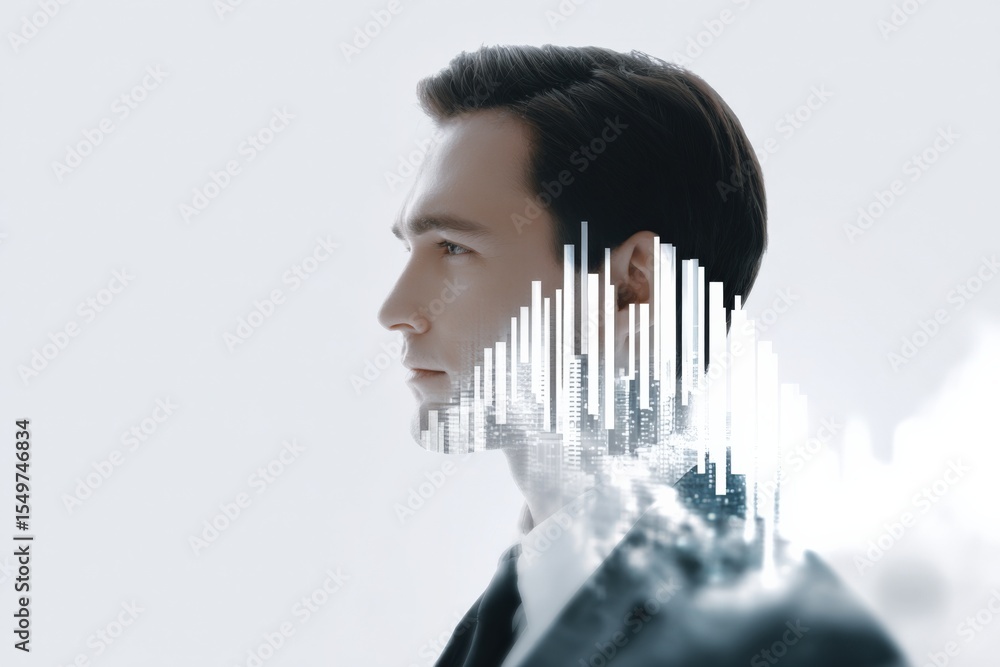 Poster portrait of a thoughtful young man in profile with digital white sound wave and cityscape overlay on
