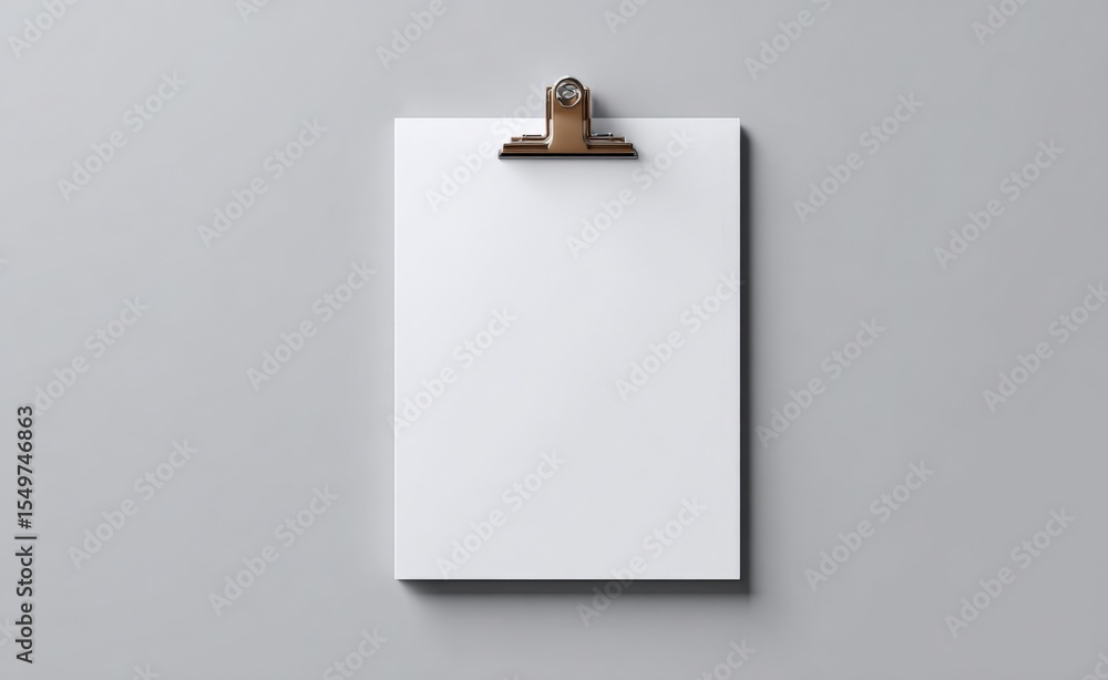 Poster blank white paper on a clipboard mounted on a plain light gray wall with plenty of space for notes o