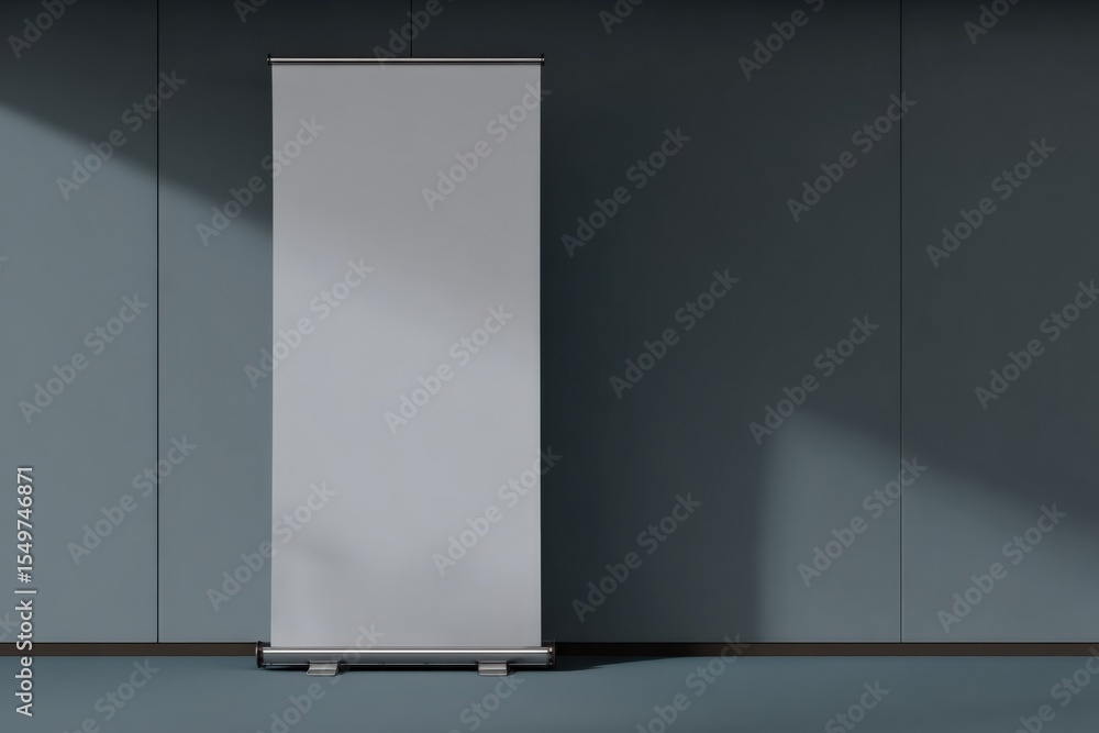 Poster fabric rolling display banner stand for advertising and presentations in modern conference room sett