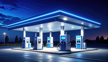 Illuminated modern gas station at night with vibrant blue neon lighting