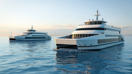 Two modern passenger ferries sailing on calm blue waters during serene sunset, showcasing sleek designs and spacious decks