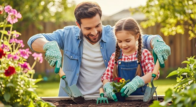 Father and daughter gardening together planting flowers in backyard garden happy family time outdoor activity father's day - Powered by Adobe