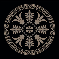 Vector gold round classic frame plate with pattern in center. Greek meander. Circle european border. Round antique border. Patterns of Greece, ancient Rome. Classic egyptian, assyrian, greek motives