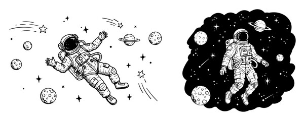astronaut in outer space vector line art