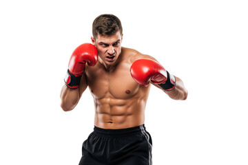 Strong male boxer with red gloves posing in fighting stance