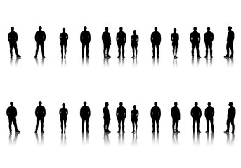 Silhouettes of people standing isolated on white background
