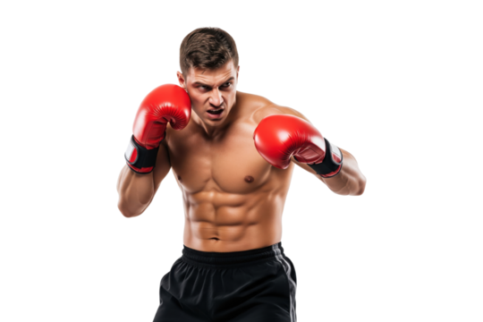 Strong male boxer with red gloves posing in fighting stance