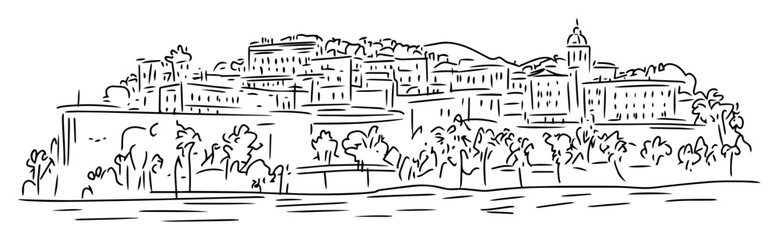 Obraz premium town on a hill by the sea line drawing