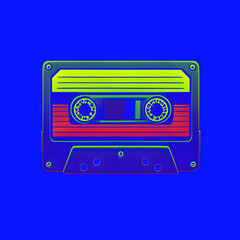 Naklejka premium Neon 80s Icon retro cassette tape green red 90s 2000s synth wave symbol blue isolated background