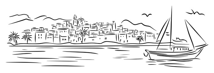 ibiza old town with sailing boat sketch