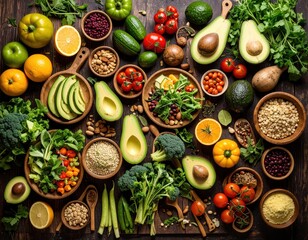 Overhead view of fresh organic vegetables, fruits, nuts and grains in wooden bowls on rustic dark wood background showcasing healthy plant-based nutrition