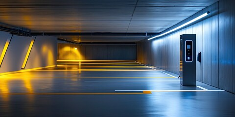 Modern underground parking garage with electric vehicle charging station