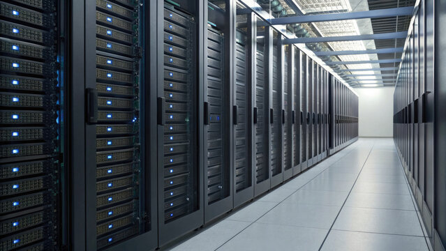 Modern data center with rows of server racks, illuminated by blue indicator lights, showcasing advanced technology and efficient infrastructure