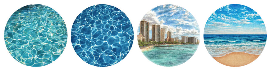 PNG Vibrant coastal water scenes, element set on transparent background