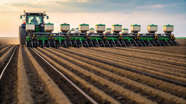 Modern tractor with large planter attachment sowing seeds in perfectly tilled rows on vast agricultural field under cloudy sky