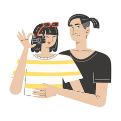 Flat Style Illustration of Young Asian Couple Hugging and Taking a Selfie Together