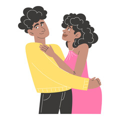 Flat Style Illustration of Modern African Couple Hugging and Smiling in Trendy Outfits