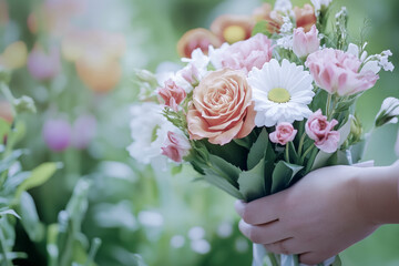 Florist holding a beautiful bouquet of fresh flowers in garden