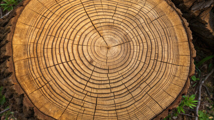 Naklejka premium Close up view of tree trunk cross section showing detailed growth rings, symbolizing age and natural patterns