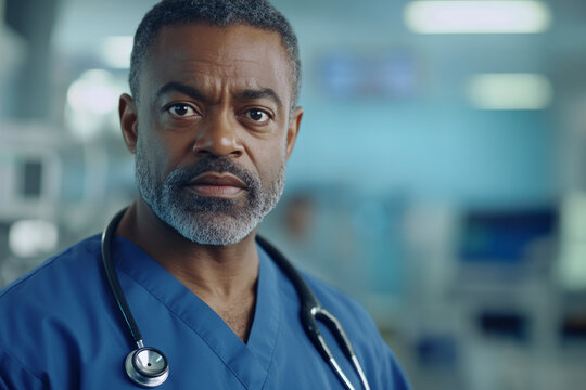 Portrait of experienced african american doctor wearing stethoscope in hospital operating room - Powered by Adobe