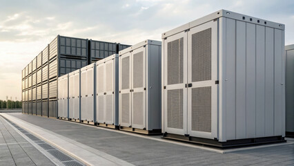 Obraz premium Modern outdoor battery energy storage system with large metal containers, designed for renewable energy storage and grid stabilization