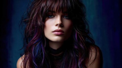 Textured shag haircut with curtain fringe and vivid violet highlights