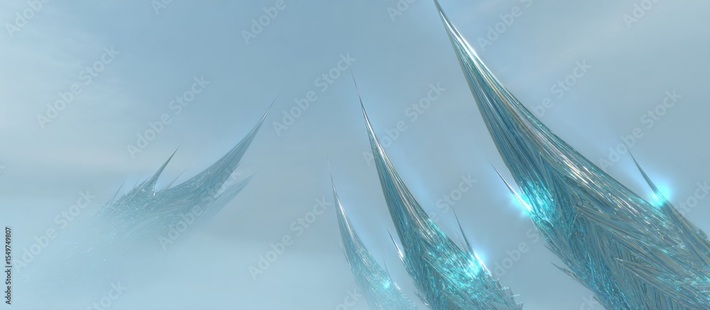 Poster a view of sharp ice formations emerging from a misty background with a light blue and white color pa
