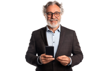 Happy mature older business man entrepreneur wearing suit using mobile cell phone, isolated on white background
