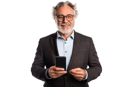 Happy mature older business man entrepreneur wearing suit using mobile cell phone, isolated on white background
