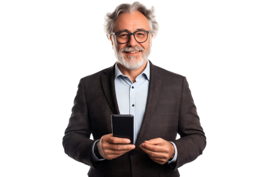 Happy mature older business man entrepreneur wearing suit using mobile cell phone, isolated on white background
