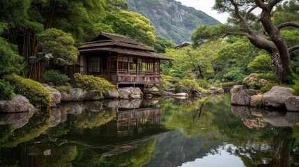 Fototapeta premium Traditional Japanese wooden teahouse surrounded by a bamboo garden