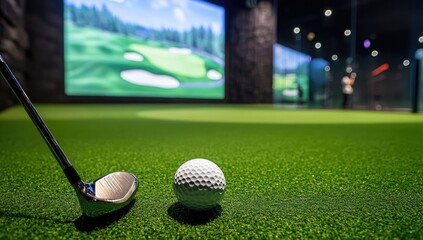Golf club and ball on green simulator floor.  Large screen showing golf course