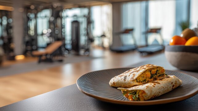 Turkey and spinach wrap on a ceramic plate on a softly blurred fitness trainer&acirc;&euro;&trade;s studio backdrop