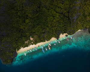 Top-Down bird's eye Aerial View of Bangka Boats Along the White Sand Shores of Entalula Island with a beautiful beach with people, El Nido, Palawan, Philippines