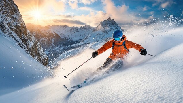 Skier carving fresh powder at sunset