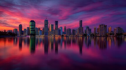 Fototapeta premium Urban skyline at dusk with skyscraper lights reflected in river water