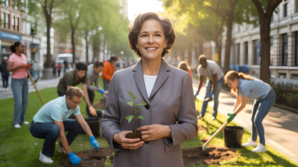 Hispanic woman planting flowers happily in a garden outdoors