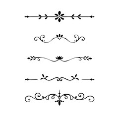 Vector dividers calligraphic line element.Set of Black Hand Drawn Rustic Doodle Design Elements. Decorative Floral Swirls, Scrolls, Text Frames, Dividers. Vintage Vector Illustration. 

