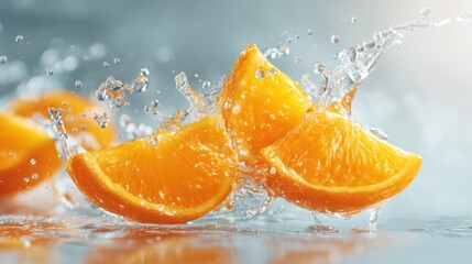 Vibrant fruit splash of orange segments and juice droplets on a softly blurred white backdrop