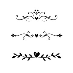 Vector dividers calligraphic line element.Set of Black Hand Drawn Rustic Doodle Design Elements. Decorative Floral Swirls, Scrolls, Text Frames, Dividers. Vintage Vector Illustration. 
